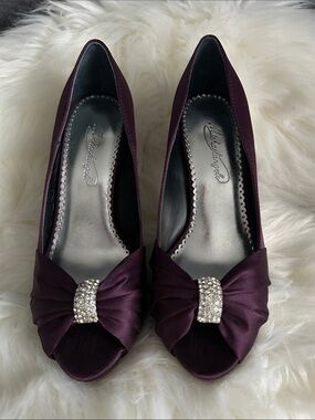 Michaelangelo Plum Satin Peep-Toe Heels with Crystal Bow